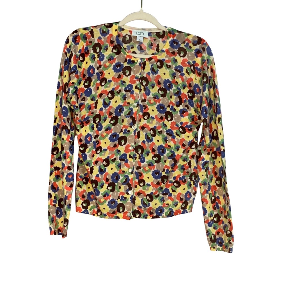 LOFT Floral Print Cardigan Womens Large Multicolor‎ Button Front Sweater